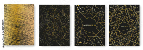 Set collection of black backgrounds with gold elements of threads and lines photo