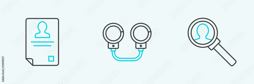 Set line Magnifying glass for search, Identification badge and Handcuffs icon. Vector Set line Magnifying glass for search, Identification badge and Handcuffs icon. Vector