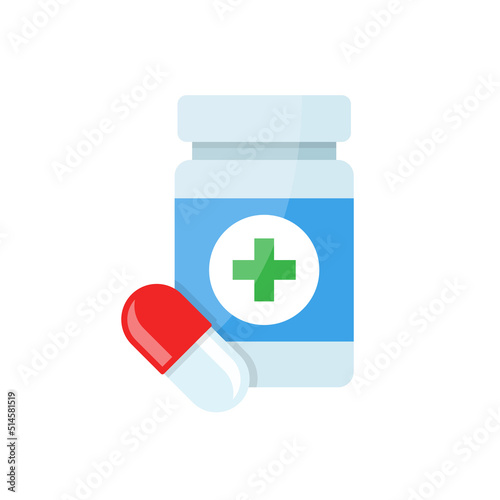 Pill bottle icon in flat style. Medical capsules vector illustration on white isolated background. Pharmacy sign business concept.