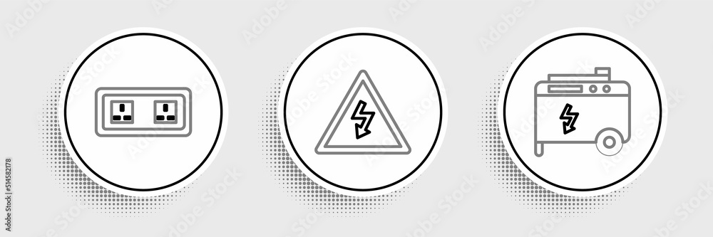 Set line Portable power electric generator, Electrical outlet and High voltage sign icon. Vector