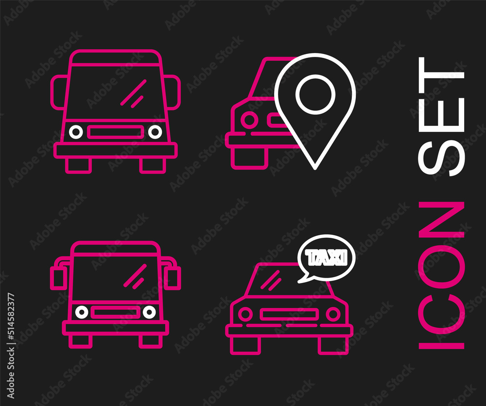 Set line Taxi car, Bus, Map pointer with taxi and Car icon. Vector Set line Taxi car, Bus, Map pointer with taxi and Car icon. Vector
