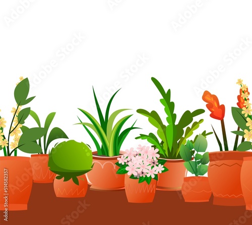 Indoor plants and flowers. In ceramic pots. Homemade beautiful herbs. Seamless horizontal composition. Isolated on white background. Cartoon fun style. Vector