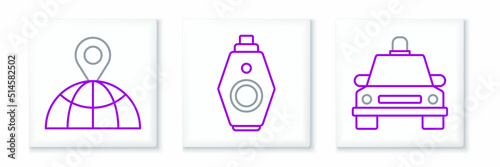 Set line Taxi car, Location on the globe and Car key with remote icon. Vector