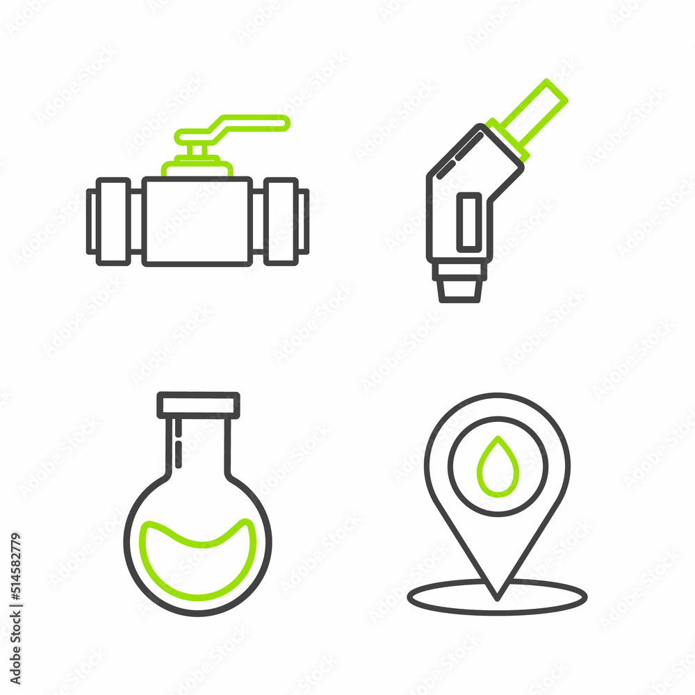 Set line Refill petrol fuel location, Test tube and flask, Gasoline pump nozzle and Industry metallic pipes valve icon. Vector Set line Refill petrol fuel location, Test tube and flask, Gasoline pump nozzle and Industry metallic pipes valve icon. Vector