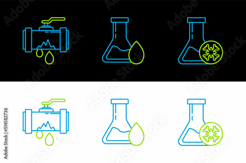 Set line Antifreeze test tube, Broken metal pipe with leaking water and Oil petrol icon. Vector
