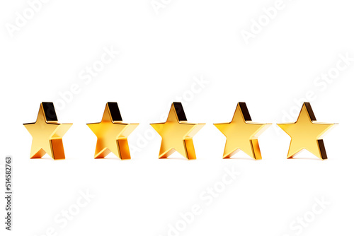3D illustration. Five yellow stars glossy colors. Achievements for games. Customer rating feedback concept from client