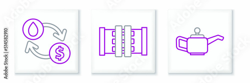 Set line Canister for motor machine oil, Oil exchange, water transfer, convert and Industry metallic pipes and valve icon. Vector