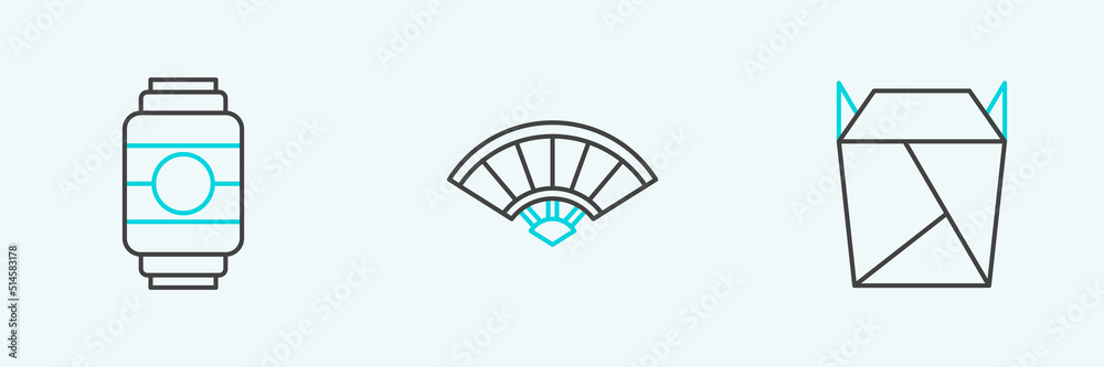 Set line Rstaurant opened take out box filled, Japanese paper lantern and Paper chinese or japanese folding fan icon. Vector