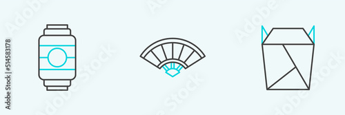 Set line Rstaurant opened take out box filled, Japanese paper lantern and Paper chinese or japanese folding fan icon. Vector photo