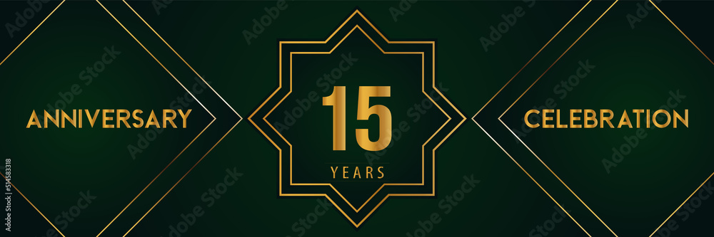 15 years anniversary celebration with gold number isolated on a dark green background. Premium design for marriage, graduation, birthday, brochure, poster, banner, and ceremony. Anniversary logo. 15 years anniversary celebration with gold number isolated on a dark green background. Premium design for marriage, graduation, birthday, brochure, poster, banner, and ceremony. Anniversary logo.