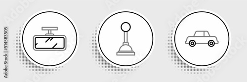 Set line Car, mirror and Gear shifter icon. Vector