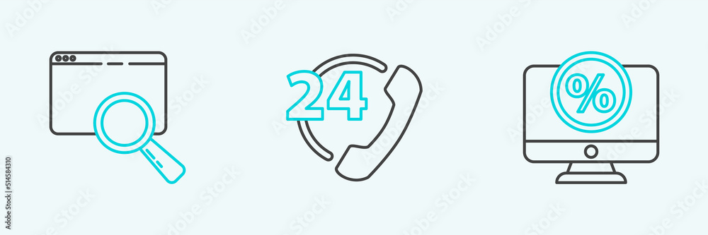 Set line Percent discount and monitor, Search in browser window and Telephone 24 hours support icon. Vector Set line Percent discount and monitor, Search in browser window and Telephone 24 hours support icon. Vector