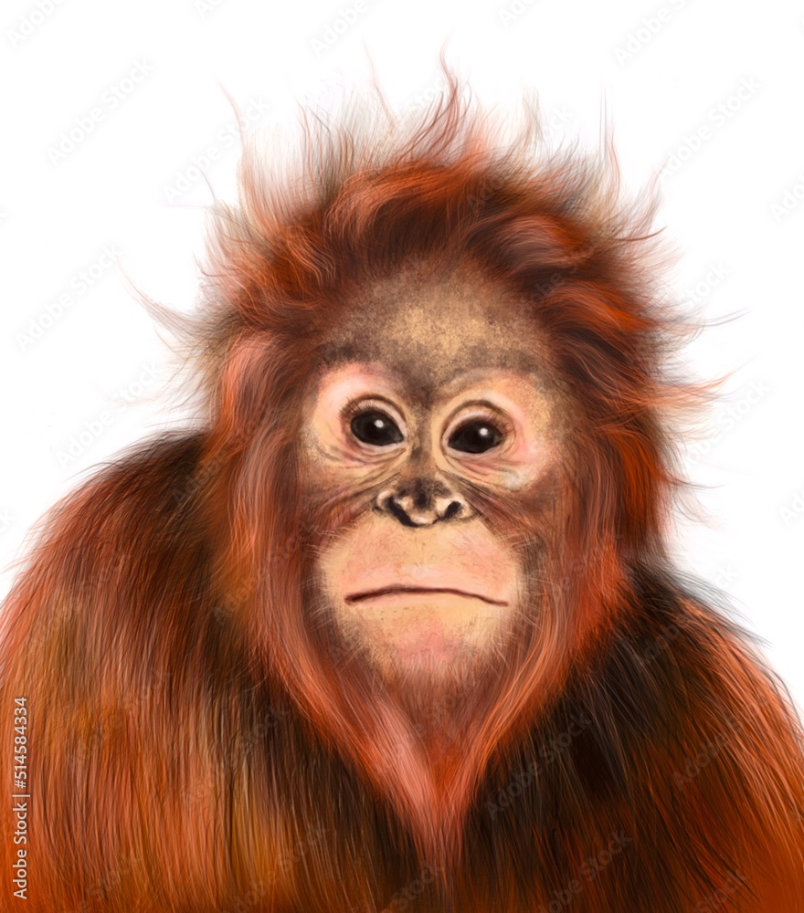 Fototapeta premium Realistic illustration of cute hairy monkey orangutang with orange fur isolated on white background 