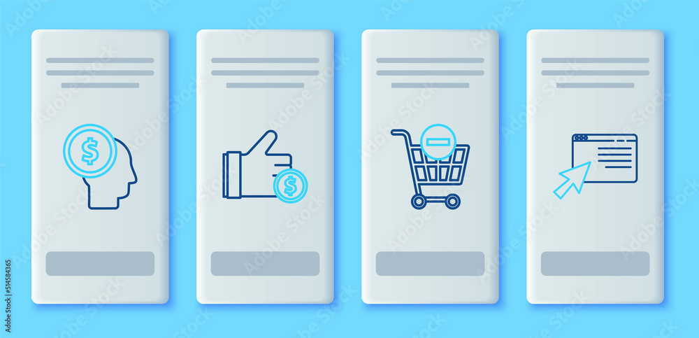 Set line Hand holding coin, Remove shopping cart, Business man planning mind and Online on screen icon. Vector