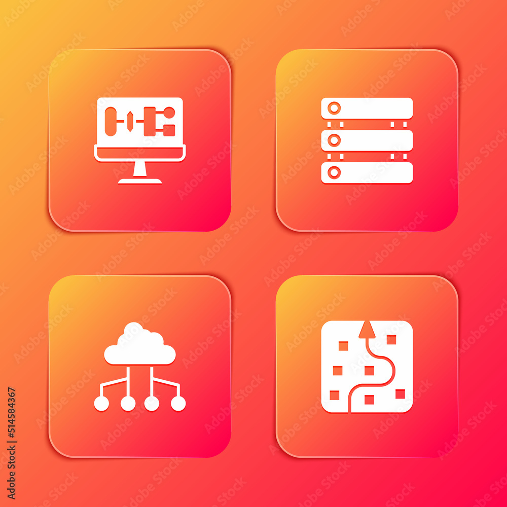 Set Algorithm, Server, Data, Network cloud connection and Neural network icon. Vector