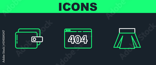 Set line Skirt, Wallet and Page with 404 error icon. Vector
