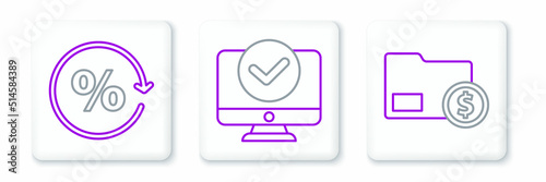 Set line Envelope with coin dollar, Discount percent tag and Computer monitor icon. Vector