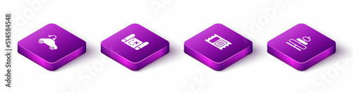 Set Isometric Radio controlled car toy, Pirate treasure map, Circus ticket and Pyramid icon. Vector