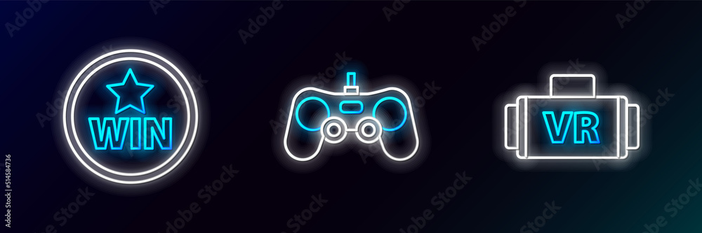 Set line Virtual reality glasses, Medal and Gamepad icon. Glowing neon. Vector Set line Virtual reality glasses, Medal and Gamepad icon. Glowing neon. Vector