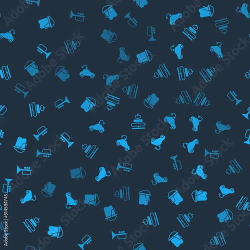 Set Sand in bucket, Radio controlled car toy, Pyramid and Trumpet on seamless pattern. Vector