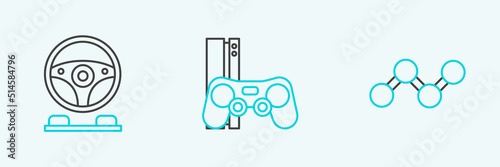 Set line Share, Racing simulator cockpit and Game console with joystick icon. Vector