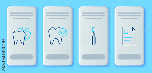 Set line Tooth whitening concept, Toothbrush, treatment procedure and Clipboard with dental card icon. Vector