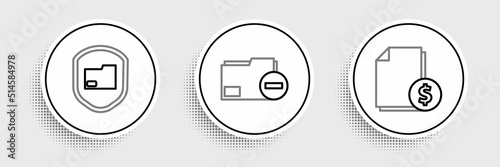 Set line Finance document, Document folder protection and with minus icon. Vector