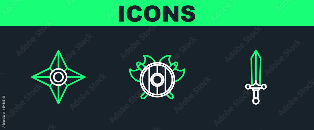 Set line Medieval sword, Japanese ninja shuriken and shield with crossed axes icon. Vector Set line Medieval sword, Japanese ninja shuriken and shield with crossed axes icon. Vector