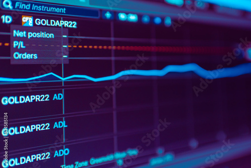 Daily trading gold prices stock market graph showing on the purple screen.Daily investor's business everyday life.Selective focus.Telsiai,Lithuania.03-26-2022