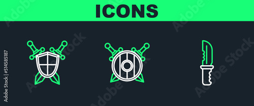 Set line Military knife, Medieval shield with crossed swords and Wooden icon. Vector