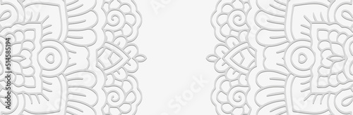 Luxury banner, floral cover design. Embossed ethnic 3D pattern on a white background. Tribal tracery ornaments of East, Asia, India, Mexico, Aztecs, Peru for brochure, booklet, flyer, website.