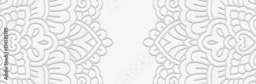 Original banner, floral cover design. Embossed ethnic 3D pattern on a white background. Tribal tracery ornaments of East, Asia, India, Mexico, Aztecs, Peru for brochure, booklet, flyer, website.