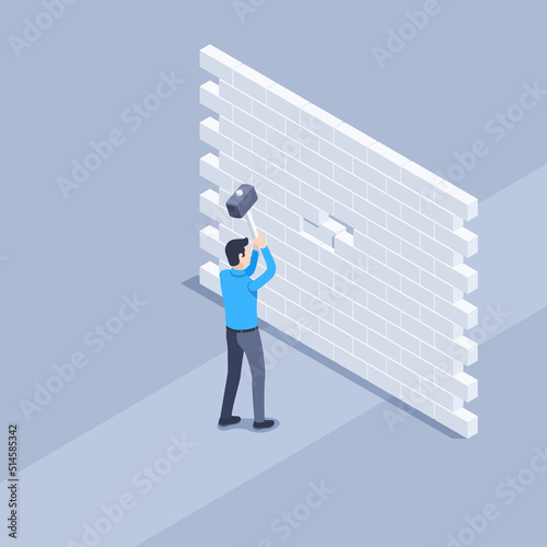 isometric vector illustration on a gray background, a man in business clothes with a hammer in his hands breaks a brick wall blocking his path, make an effort