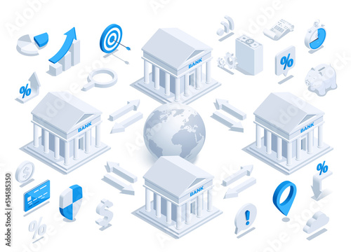 isometric vector illustration on a white background, a set of icons on the theme of banking and finance, world money transfers