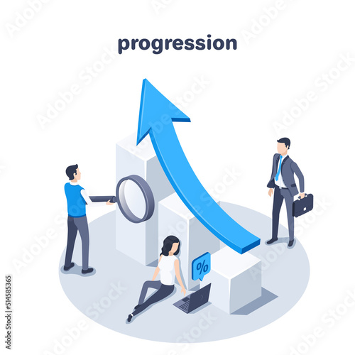 isometric vector illustration on a white background, people near a chart with an upward growing arrow, positive financial progression