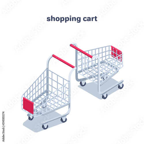 isometric vector illustration isolated on white background, shopping cart front and back view, make purchases in a store or supermarket