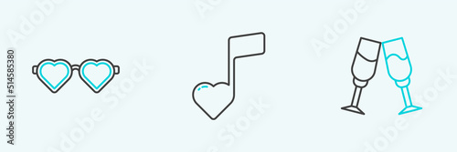 Set line Glass of champagne, Heart shaped love glasses and Music note, tone with hearts icon. Vector