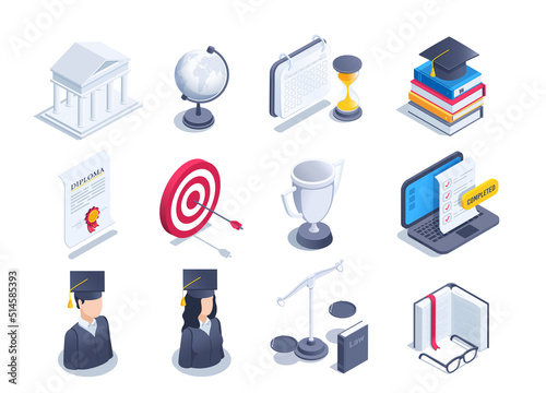 isometric vector illustration on a white background, a set of icons on the theme of studying at the university and getting higher education, a bachelor's cap with books and a diploma
