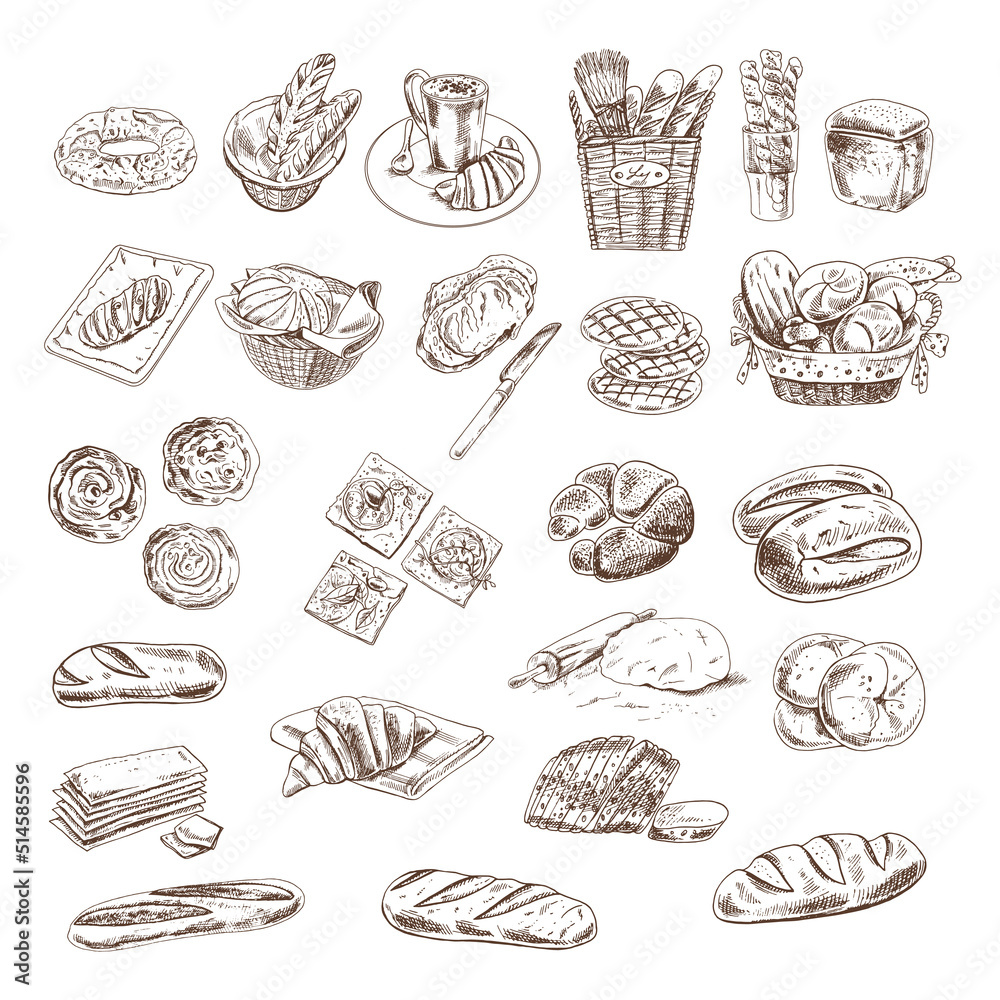 Bakery fresh bread collection with various sorts of bread, croissant, pretzel, french baguette, rolls, bagels and buns isolated on white background. Vector sketch illustration.