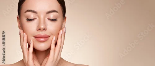 Obraz Portrait beautiful young woman with clean fresh skin. Model with healthy skin, close up portrait. Cosmetology, beauty and spa