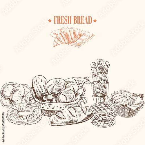 Bakery banner with hand drawn fresh bread. Sketch bakery products as baguette and pretzel vector illustration set. Icons and elements for print, labels, packaging.