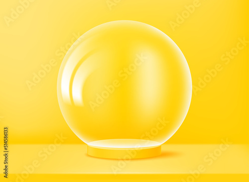Yellow showcase with transparent glass sphere. 3d vector presentation mockup