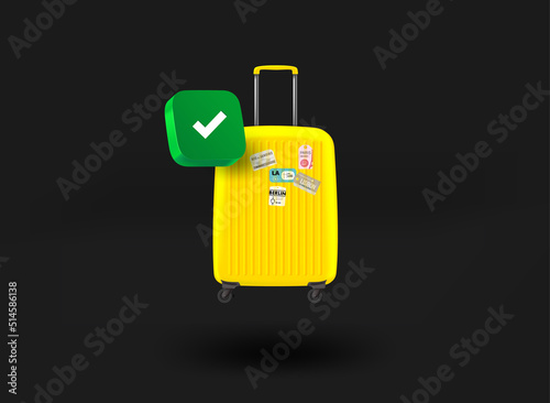 Yellow suitcase with checkmark icon. 3d vector illustration