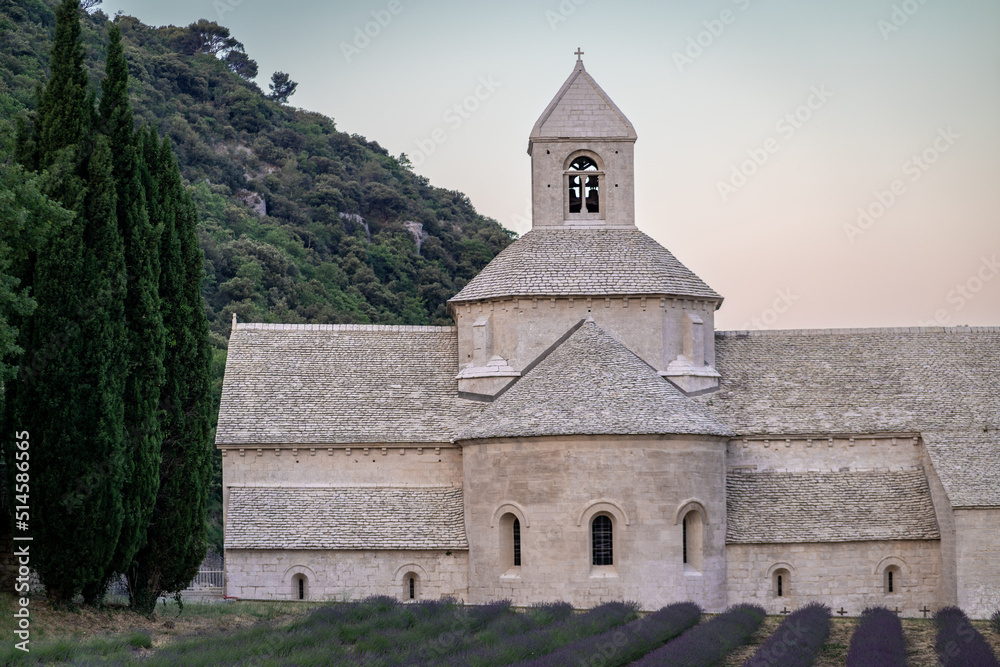 Abbey of Senanque and blooming rows of lavender flowers at sunrise. Gordes, Luberon, Vaucluse, Provence, France, Europe.