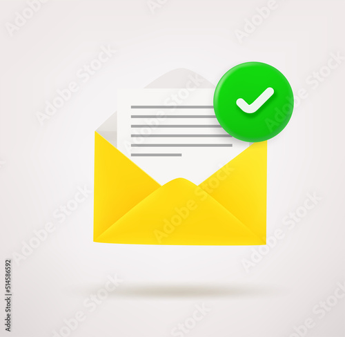 Opened envelope with checkmark. 3d vector icon