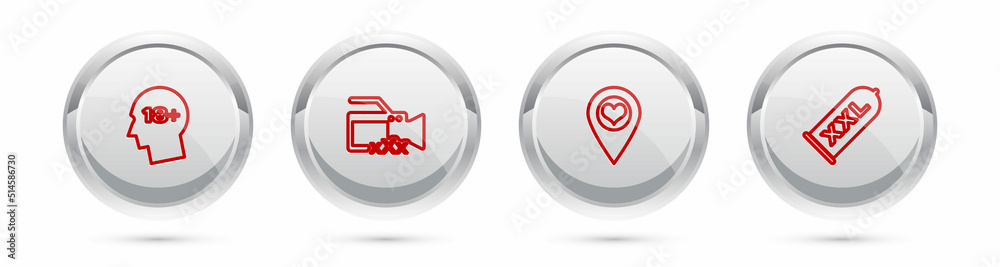 Set line Head with 18 plus, Video camera Sex, Location heart and Condom safe sex. Silver circle button. Vector Set line Head with 18 plus, Video camera Sex, Location heart and Condom safe sex. Silver circle button. Vector