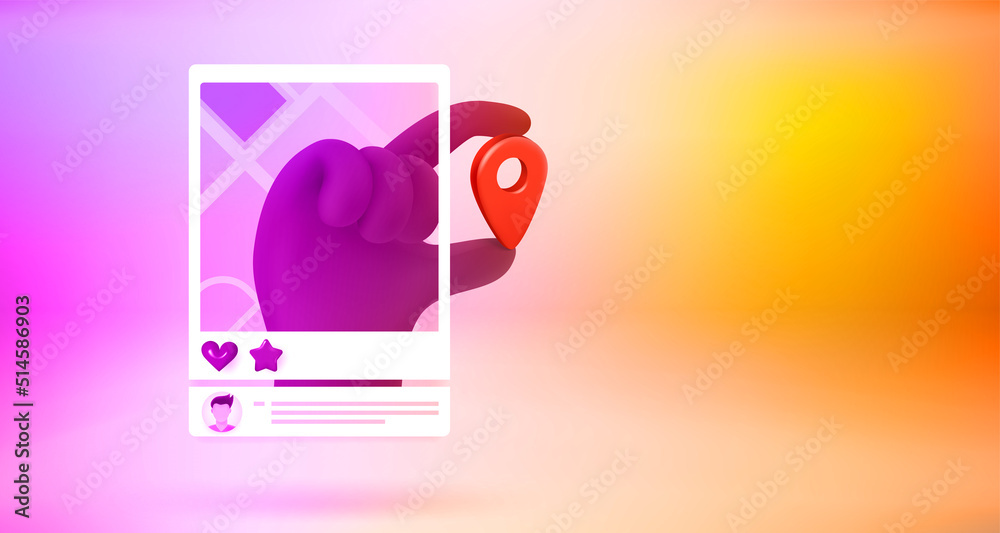 Internet message with hand with navigation pin. 3d vector banner with copy space Internet message with hand with navigation pin. 3d vector banner with copy space