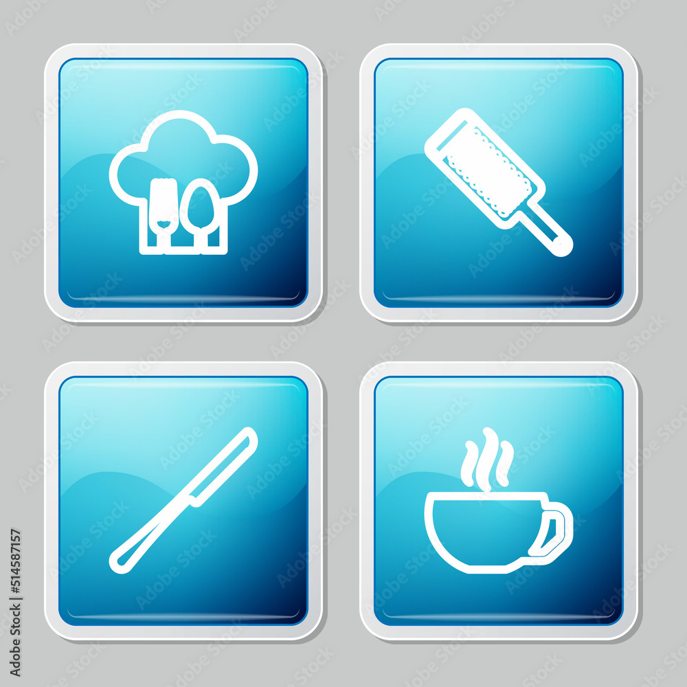 Set line Chef hat with fork and spoon, Grater, Knife and Coffee cup icon. Vector