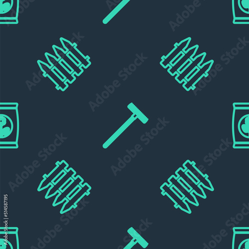 Set line Garden rake, fence and Fertilizer bag on seamless pattern. Vector