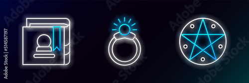 Set line Pentagram in a circle, Ancient magic book and Magic stone ring with gem icon. Glowing neon. Vector